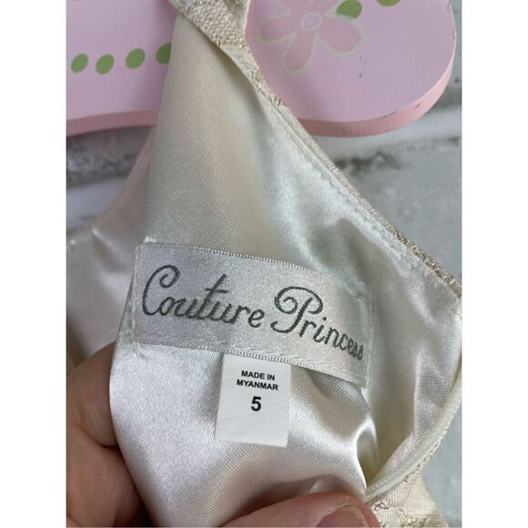 Couture Princess Girls Size 5 Gold Brocade and Ivory Tulle Party Occasion Dress - Picture 5 of 6
